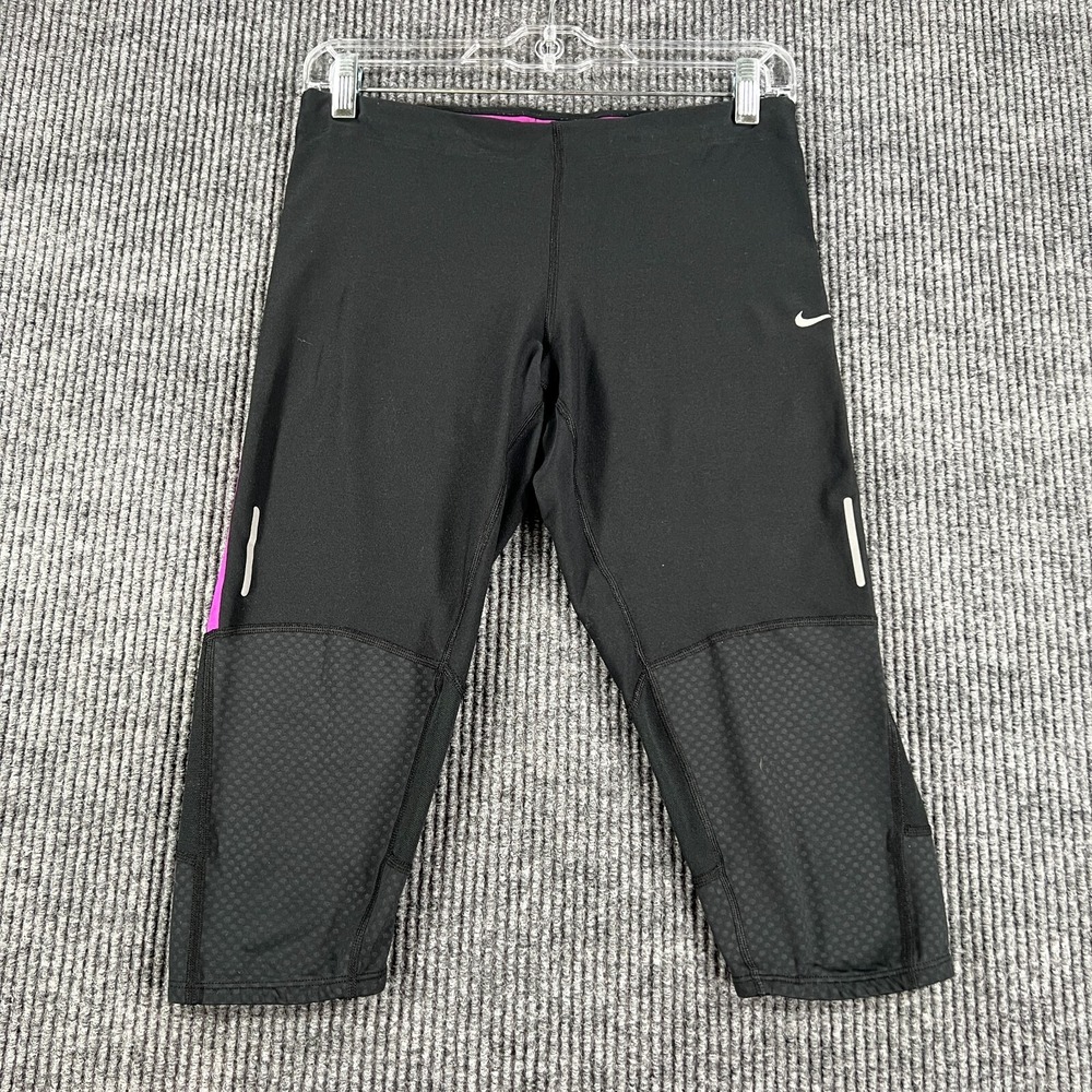 Nike Epic Mesh Capri Leggings Womens Medium Black Purple Dri Fit Training Gym